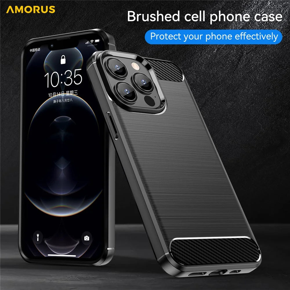 AMORUS For iPhone 13 Pro Max Case Carbon Fiber Texture Brushed Protective Phone Cover - Black - 7