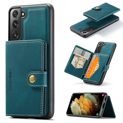 JEEHOOD For Samsung Galaxy S22+ 5G Case  J01 Retro Leather Phone Back Cover with Detachable Magnetic Card Holder - Blue - 1
