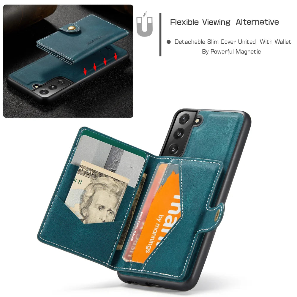 JEEHOOD For Samsung Galaxy S22+ 5G Case  J01 Retro Leather Phone Back Cover with Detachable Magnetic Card Holder - Blue - 6