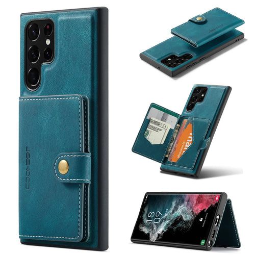 JEEHOOD For Samsung Galaxy S22 Ultra 5G Case  J01 Retro Leather Phone Back Cover with Detachable Magnetic Card Holder - Blue - 1