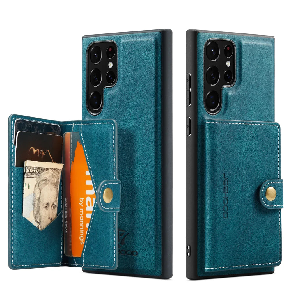 JEEHOOD For Samsung Galaxy S22 Ultra 5G Case  J01 Retro Leather Phone Back Cover with Detachable Magnetic Card Holder - Blue - 2