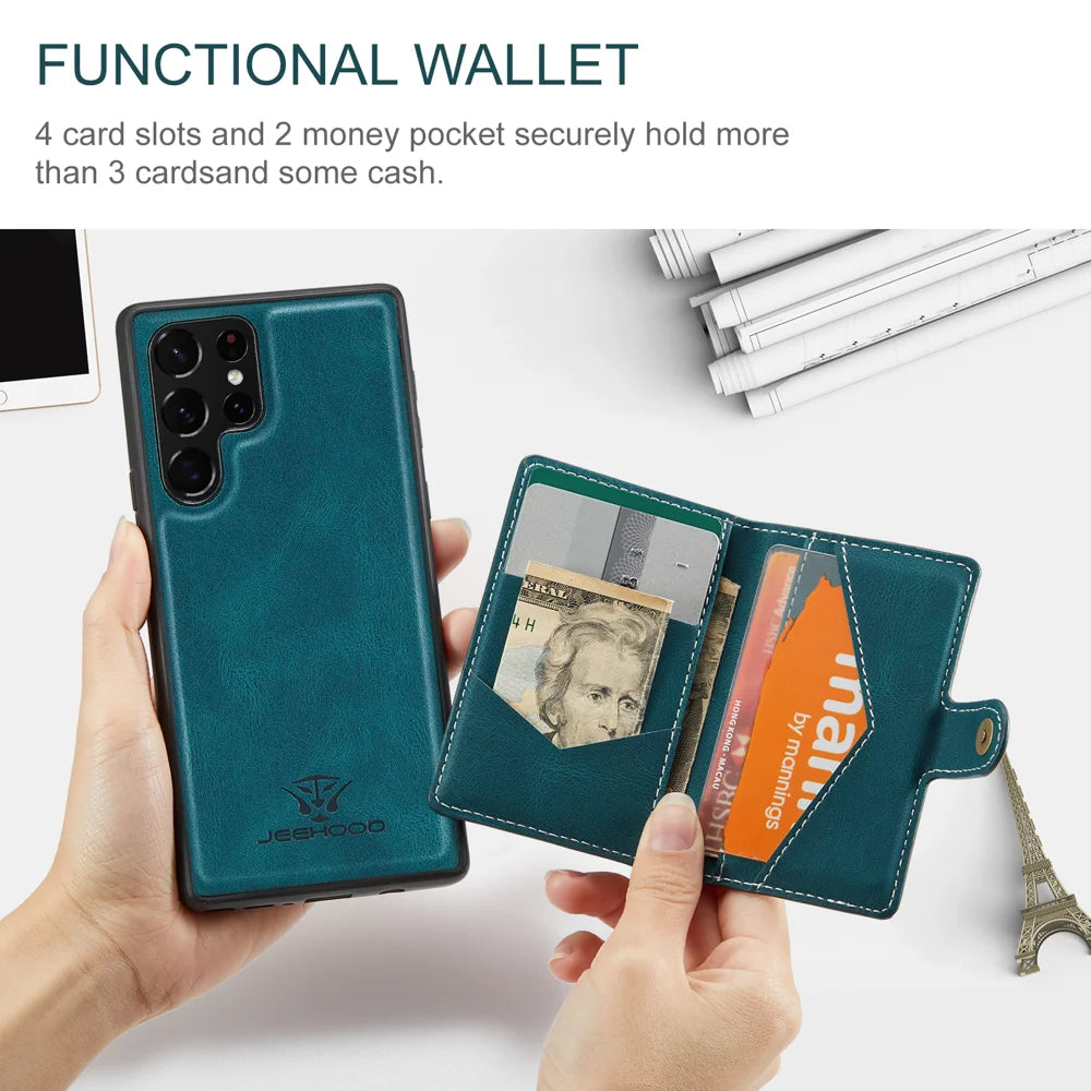 JEEHOOD For Samsung Galaxy S22 Ultra 5G Case  J01 Retro Leather Phone Back Cover with Detachable Magnetic Card Holder - Blue - 3
