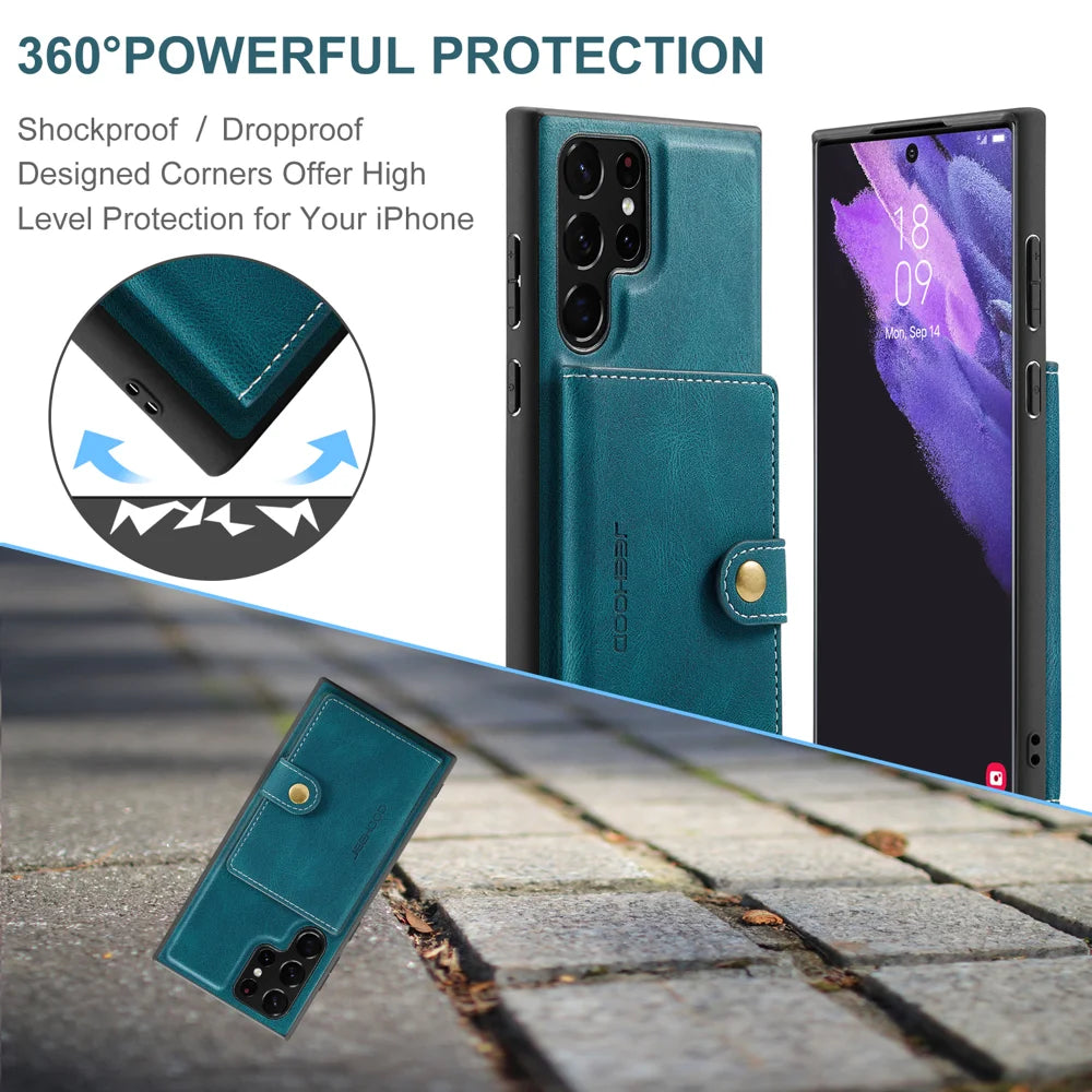 JEEHOOD For Samsung Galaxy S22 Ultra 5G Case  J01 Retro Leather Phone Back Cover with Detachable Magnetic Card Holder - Blue - 5