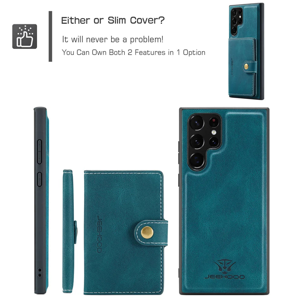 JEEHOOD For Samsung Galaxy S22 Ultra 5G Case  J01 Retro Leather Phone Back Cover with Detachable Magnetic Card Holder - Blue - 6