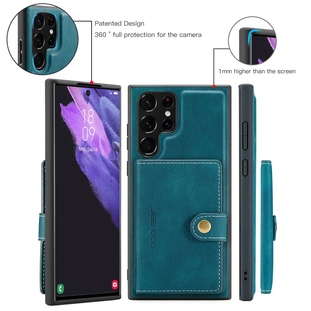 JEEHOOD For Samsung Galaxy S22 Ultra 5G Case  J01 Retro Leather Phone Back Cover with Detachable Magnetic Card Holder - Blue - 7