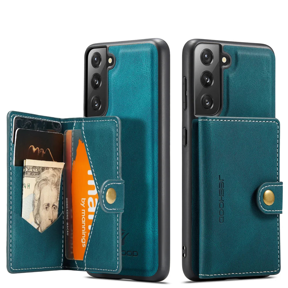 JEEHOOD For Samsung Galaxy S21 5G Case  J01 Retro Leather Phone Back Cover with Detachable Magnetic Card Holder - Blue - 2