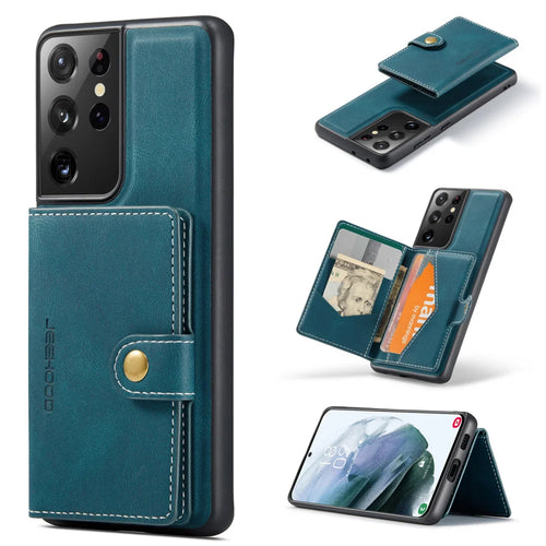 JEEHOOD For Samsung Galaxy S21 Ultra 5G Case  J01 Retro Leather Phone Back Cover with Detachable Magnetic Card Holder - Blue - 1