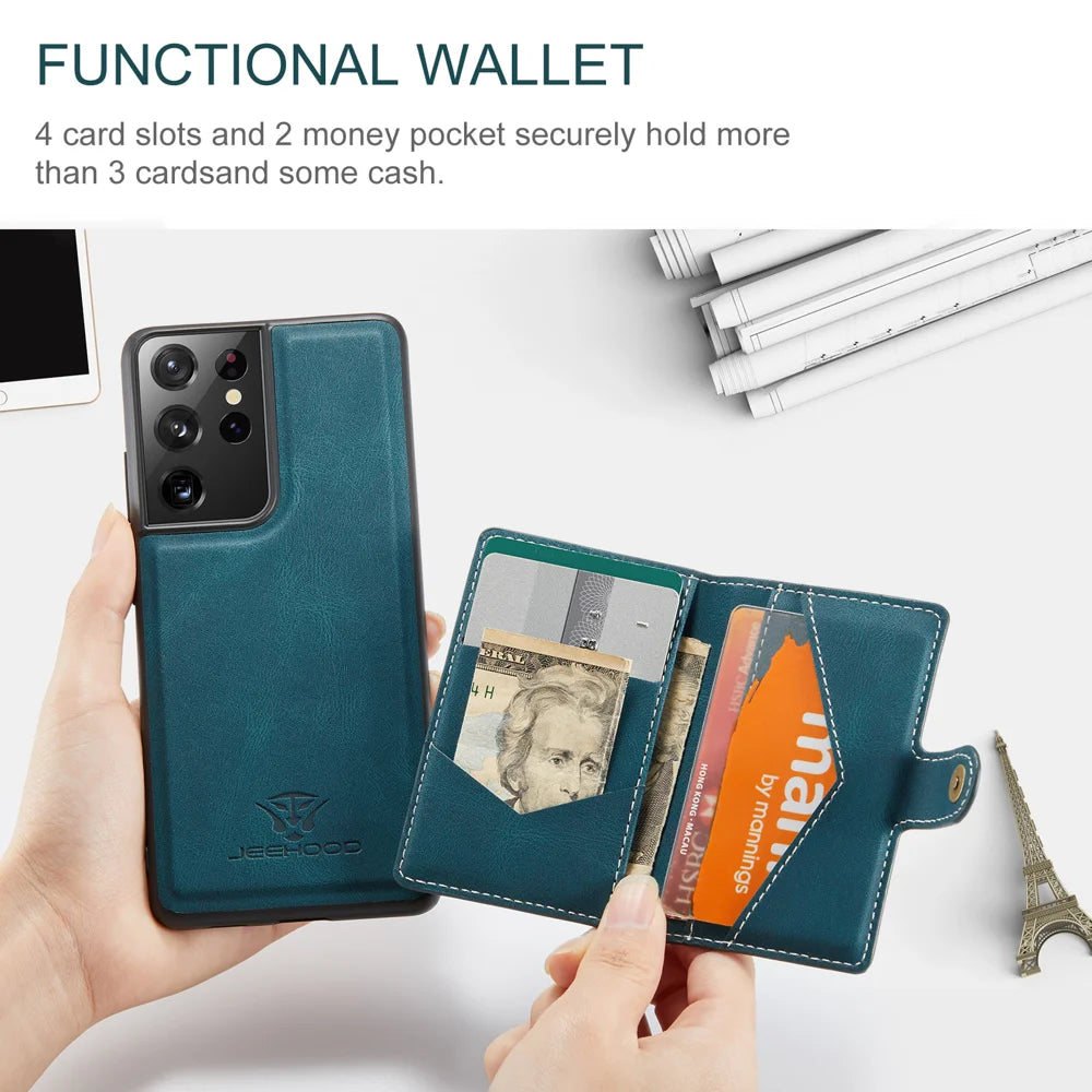 JEEHOOD For Samsung Galaxy S21 Ultra 5G Case  J01 Retro Leather Phone Back Cover with Detachable Magnetic Card Holder - Blue - 3
