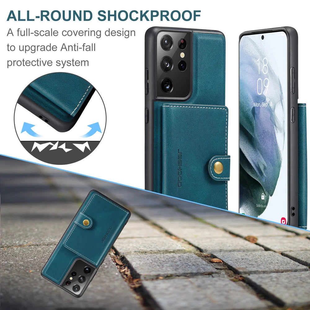 JEEHOOD For Samsung Galaxy S21 Ultra 5G Case  J01 Retro Leather Phone Back Cover with Detachable Magnetic Card Holder - Blue - 5
