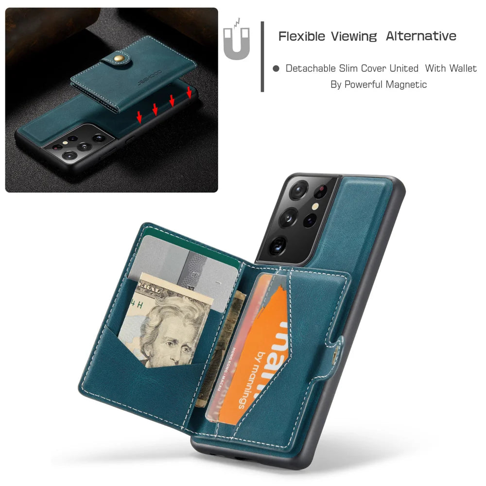 JEEHOOD For Samsung Galaxy S21 Ultra 5G Case  J01 Retro Leather Phone Back Cover with Detachable Magnetic Card Holder - Blue - 6