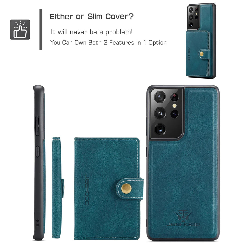 JEEHOOD For Samsung Galaxy S21 Ultra 5G Case  J01 Retro Leather Phone Back Cover with Detachable Magnetic Card Holder - Blue - 7