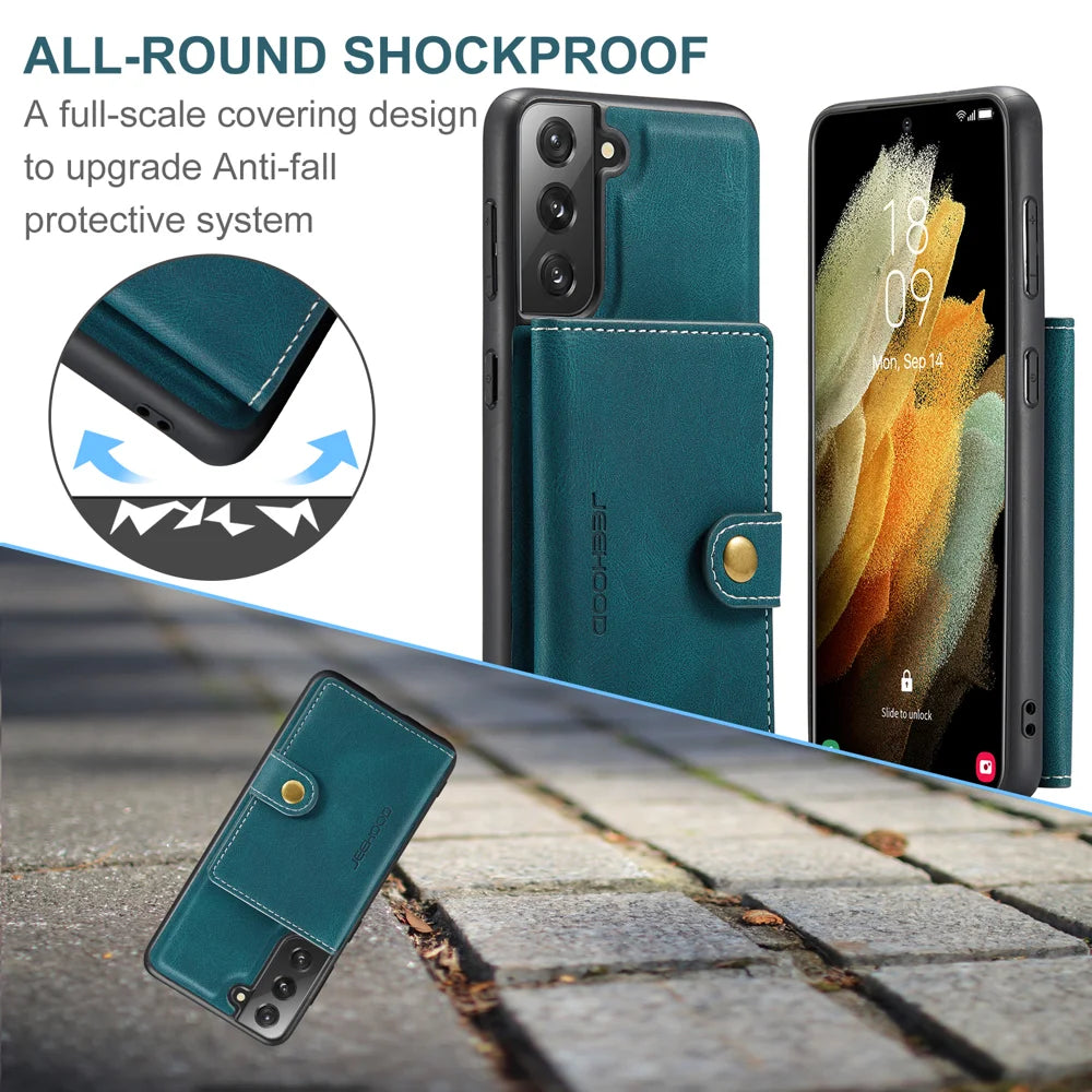 JEEHOOD For Samsung Galaxy S21+ 5G Case  J01 Retro Leather Phone Back Cover with Detachable Magnetic Card Holder - Blue - 5
