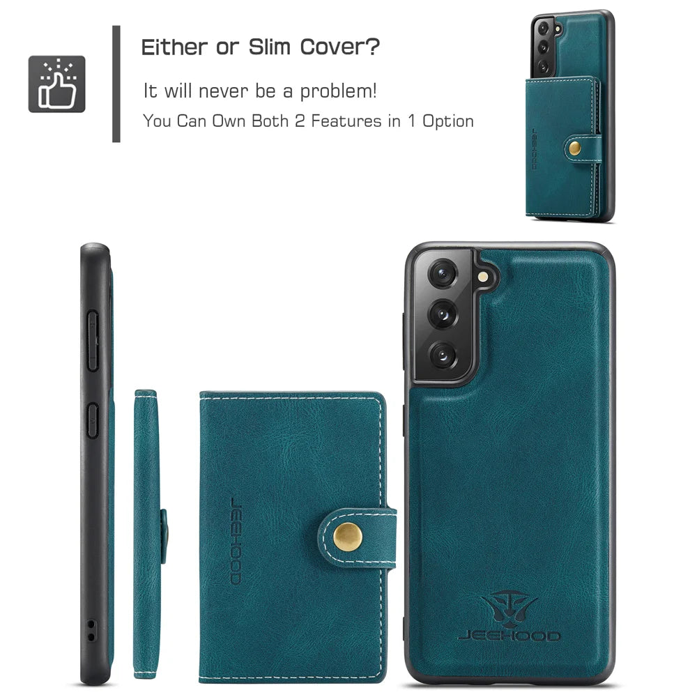 JEEHOOD For Samsung Galaxy S21+ 5G Case  J01 Retro Leather Phone Back Cover with Detachable Magnetic Card Holder - Blue - 7