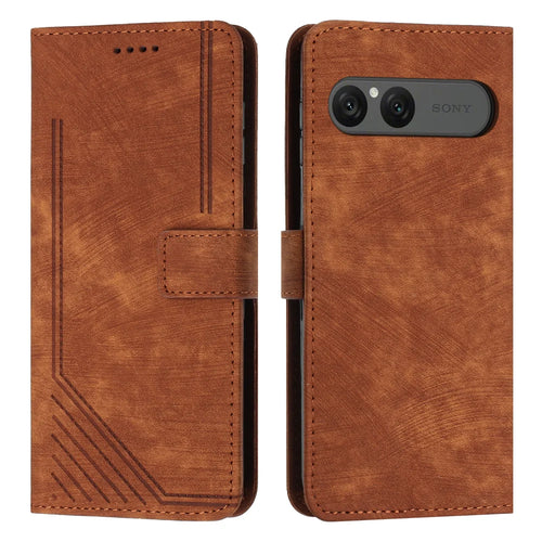 For Sony Xperia 10 VII Stand Case Imprinted Lines Leather Phone Cover - Brown - 1