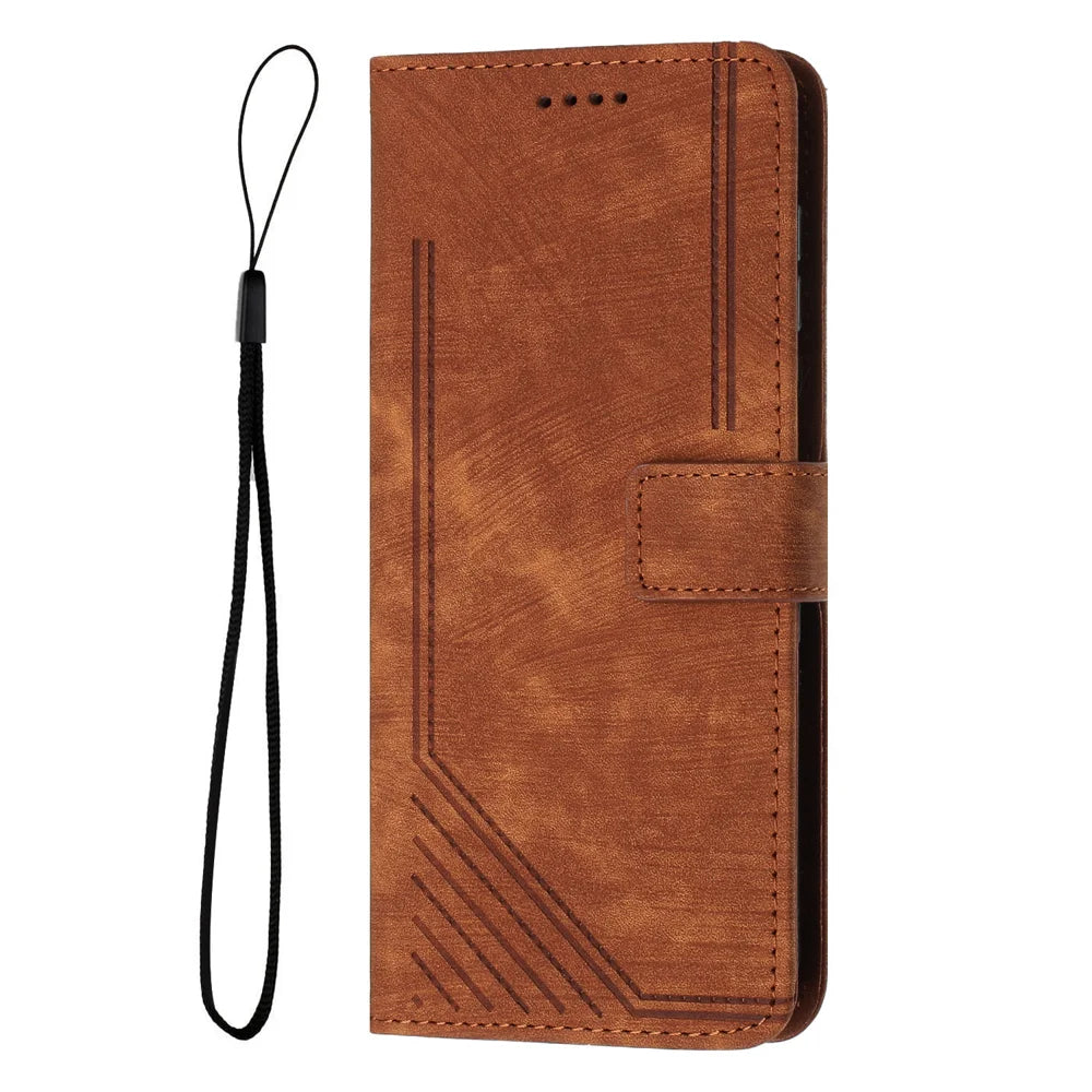For Sony Xperia 10 VII Stand Case Imprinted Lines Leather Phone Cover - Brown - 3