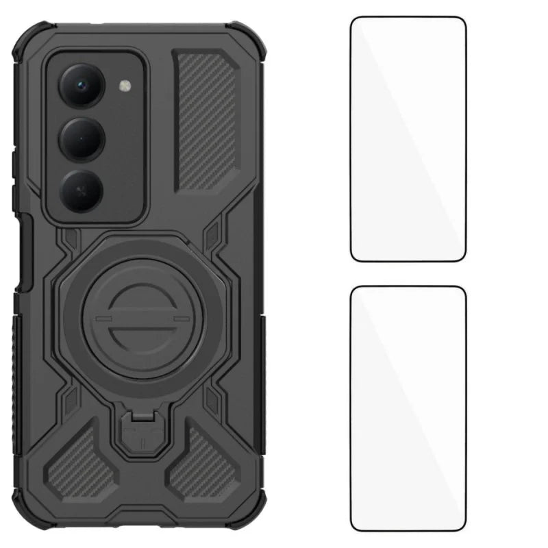 WANLONFENG For Xiaomi Redmi 15 5G (Global) (169mm) Case Kickstand with 2Pcs Screen Film  KJ Series PC TPU Phone Cover (Big Lens Hole) - Black - 1