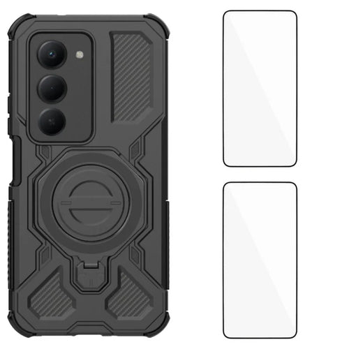 WANLONFENG For Xiaomi Redmi 15 5G (Global) (169mm) Case Kickstand with 2Pcs Screen Film  KJ Series PC TPU Phone Cover (Big Lens Hole) - Black - 1
