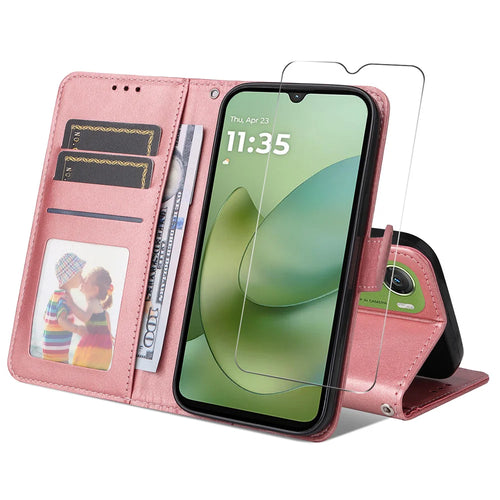 ENKAY HAT PRINCE For Motorola Moto G06 Power 4G / G06 4G PU Leather Wallet Case   Phone Stand Cover with Tempered Glass - Pink - 1