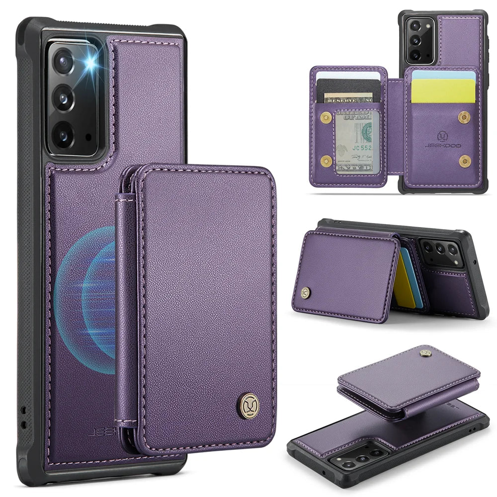 JEEHOOD For Samsung Galaxy Note20 Case  J05 Leather Mobile Cover with Detachable Magnetic Card Bag - Purple - 1