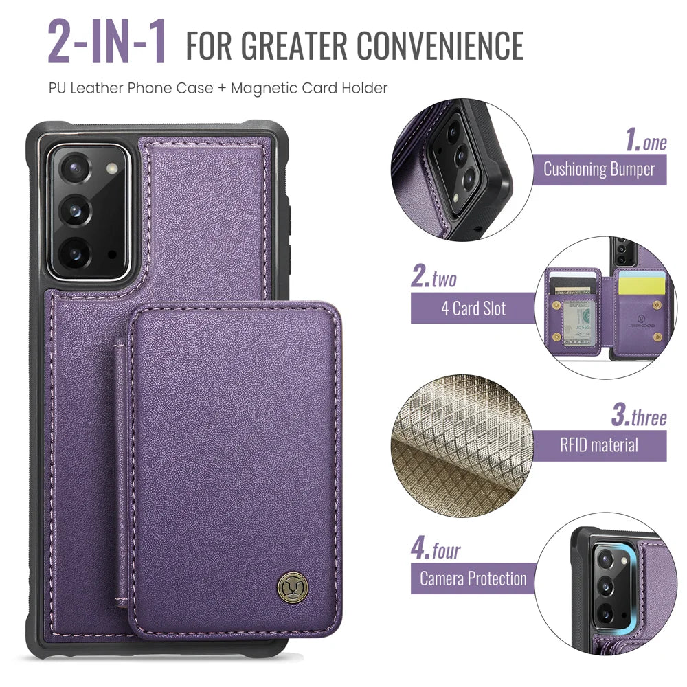 JEEHOOD For Samsung Galaxy Note20 Case  J05 Leather Mobile Cover with Detachable Magnetic Card Bag - Purple - 2