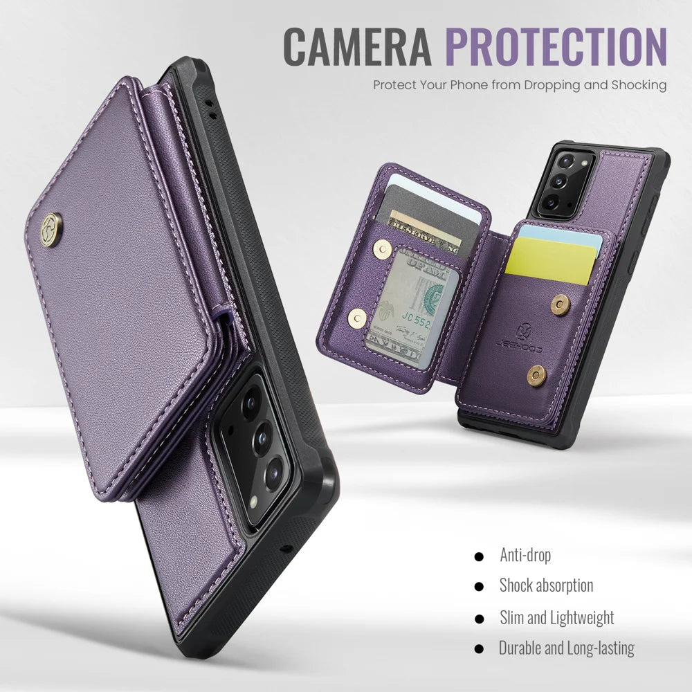 JEEHOOD For Samsung Galaxy Note20 Case  J05 Leather Mobile Cover with Detachable Magnetic Card Bag - Purple - 5