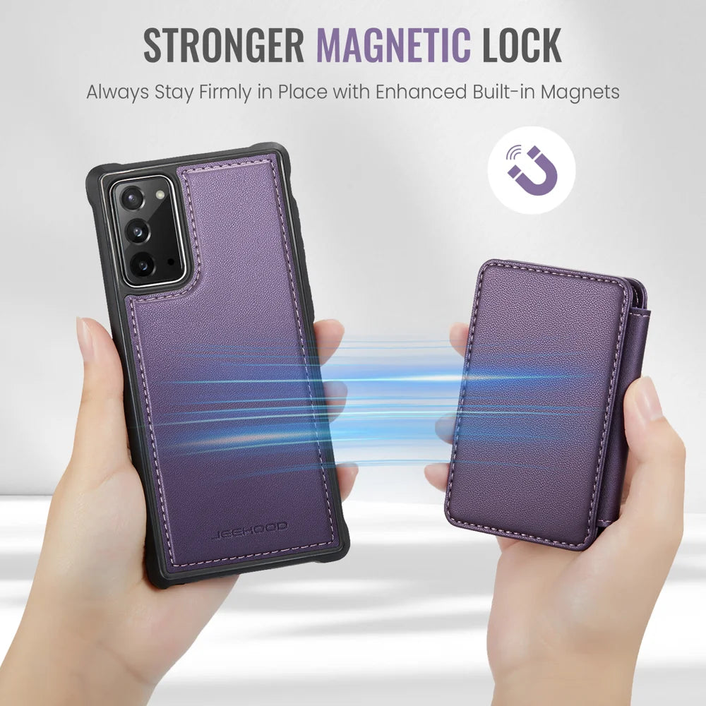 JEEHOOD For Samsung Galaxy Note20 Case  J05 Leather Mobile Cover with Detachable Magnetic Card Bag - Purple - 6