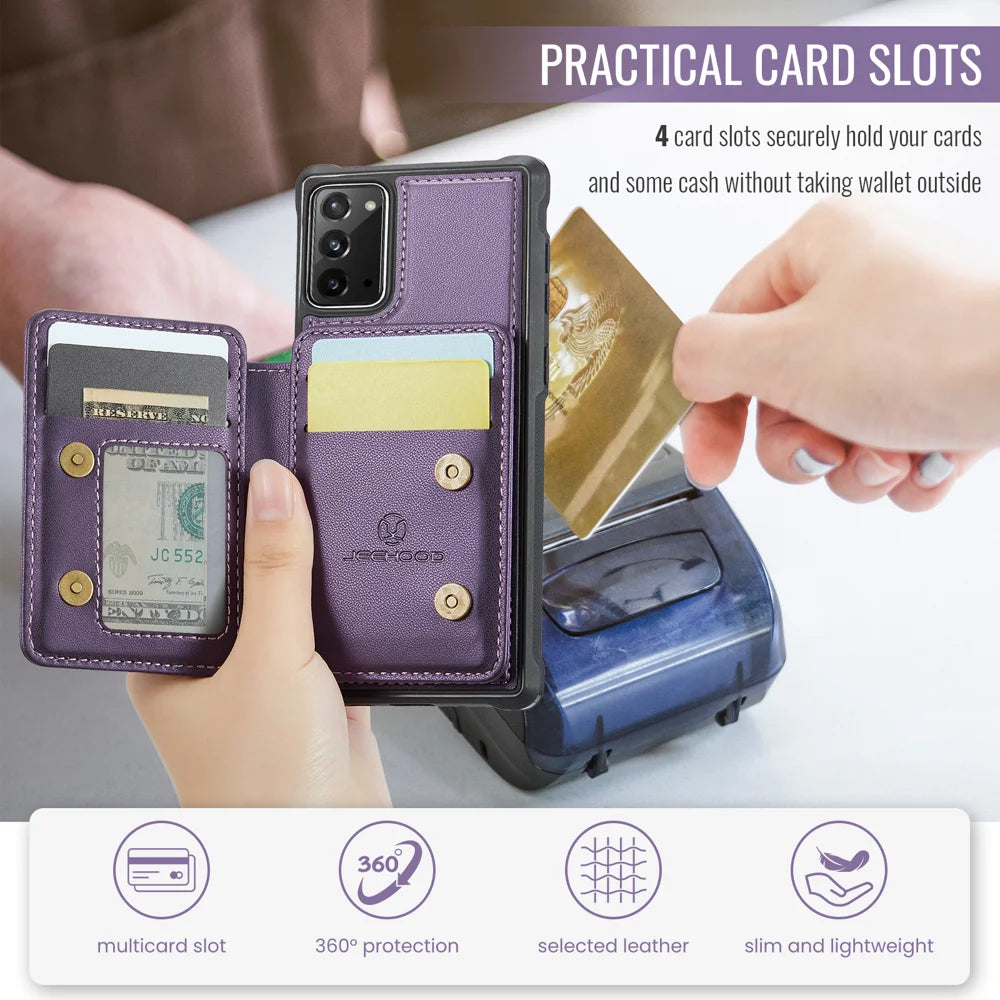 JEEHOOD For Samsung Galaxy Note20 Case  J05 Leather Mobile Cover with Detachable Magnetic Card Bag - Purple - 7