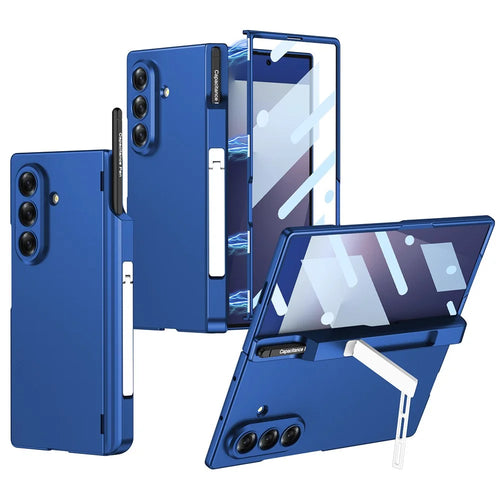 GKK For Samsung Galaxy Z Fold7 5G Case Kickstand Magnetic Hinge PC Phone Cover with Tempered Glass Film  /  Stylus - Blue - 1