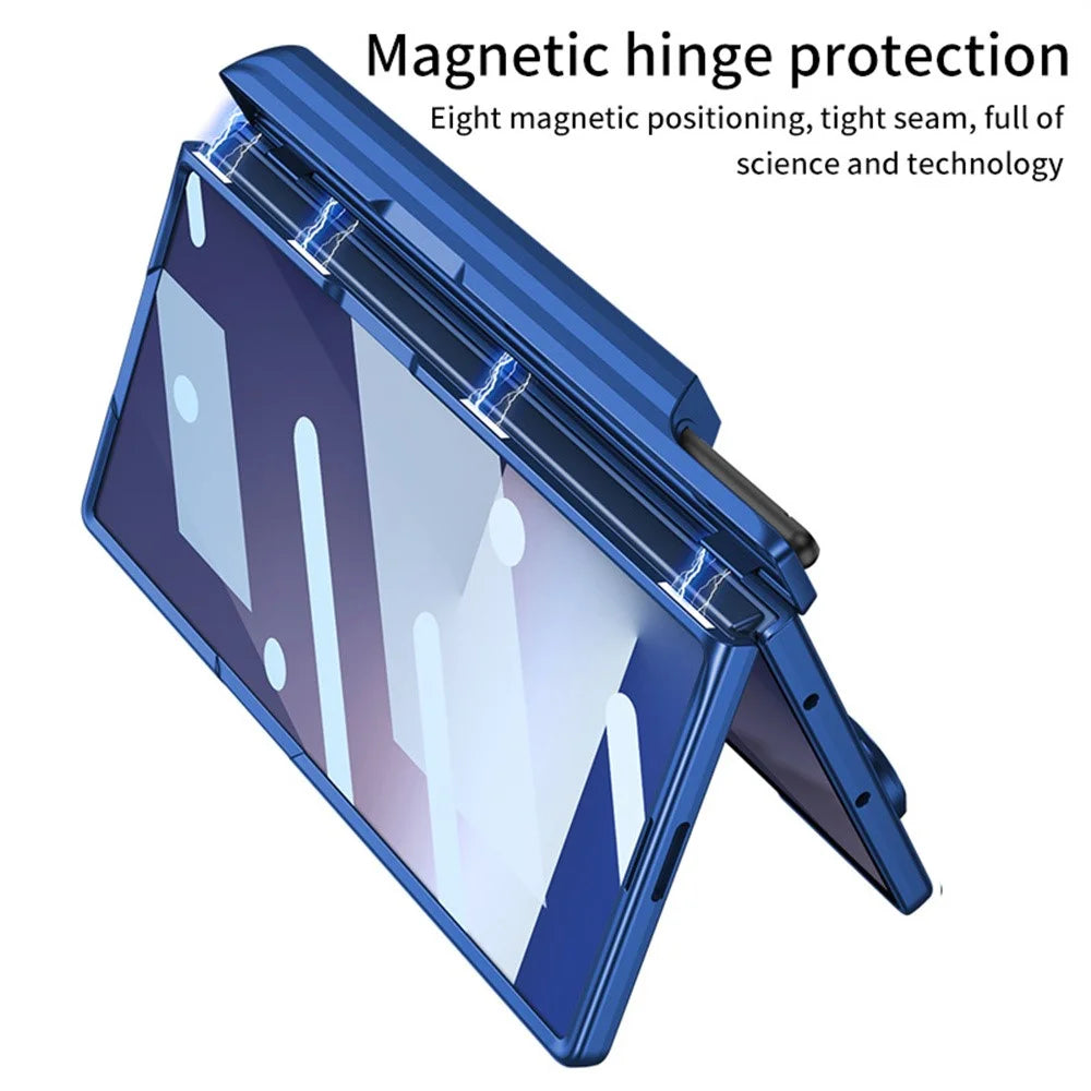 GKK For Samsung Galaxy Z Fold7 5G Case Kickstand Magnetic Hinge PC Phone Cover with Tempered Glass Film  /  Stylus - Blue - 2