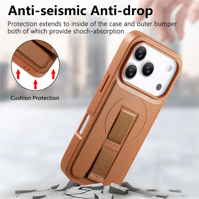 CASENEO For iPhone 17 Pro Max Magnetic Case Wristband PU Leather + PC Shockproof Phone Cover - Brown - 7