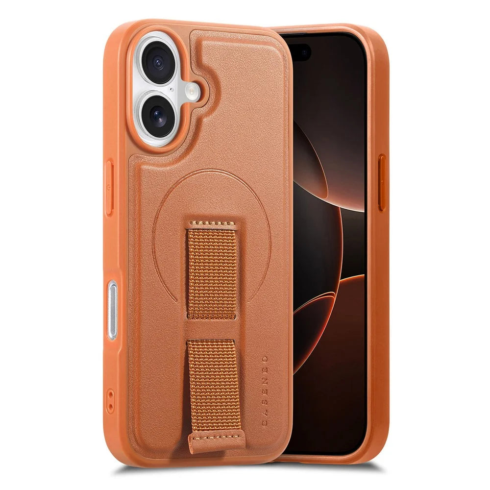 CASENEO For iPhone 17 Magnetic Case Wristband PU Leather + PC Shockproof Phone Cover - Brown - 1