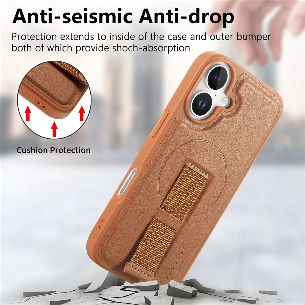 CASENEO For iPhone 17 Magnetic Case Wristband PU Leather + PC Shockproof Phone Cover - Brown - 7