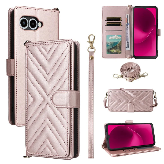 For T-Mobile REVVL 8  /  T Phone 3 Case with Shoulder  /  Wrist Strap Leather Phone Cover Stand Wallet - Pink - 1