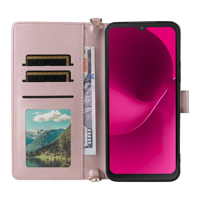 For T-Mobile REVVL 8  /  T Phone 3 Case with Shoulder  /  Wrist Strap Leather Phone Cover Stand Wallet - Pink - 3