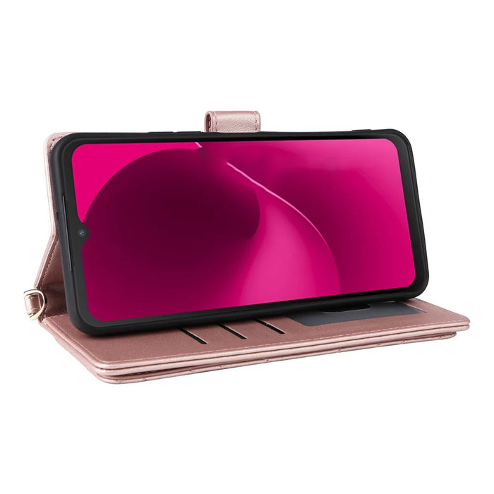 For T-Mobile REVVL 8  /  T Phone 3 Case with Shoulder  /  Wrist Strap Leather Phone Cover Stand Wallet - Pink - 5