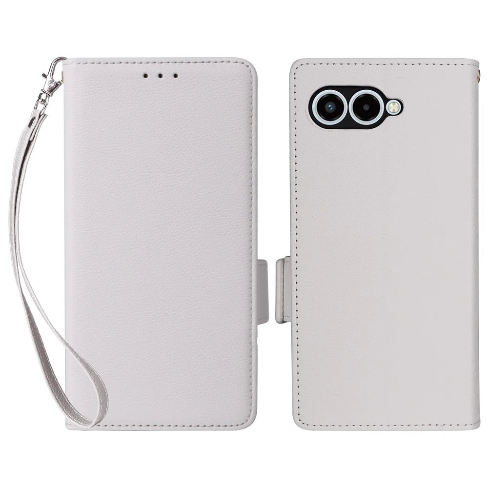 For T-Mobile REVVL 8  /  T Phone 3 Case Litchi Texture Wallet Leather Phone Cover with Wrist Strap - White - 1