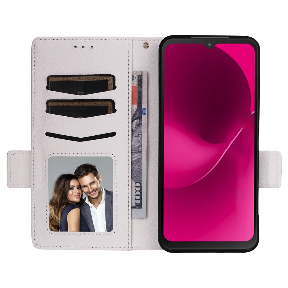 For T-Mobile REVVL 8  /  T Phone 3 Case Litchi Texture Wallet Leather Phone Cover with Wrist Strap - White - 2