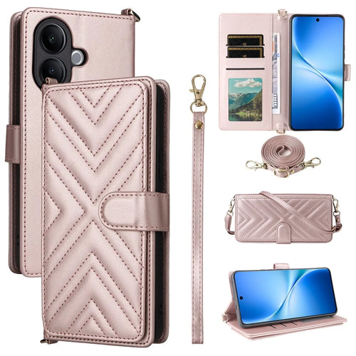 For vivo V60 Lite 4G  /  5G Case with Shoulder  /  Wrist Strap Leather Phone Cover Stand Wallet - Pink - 1