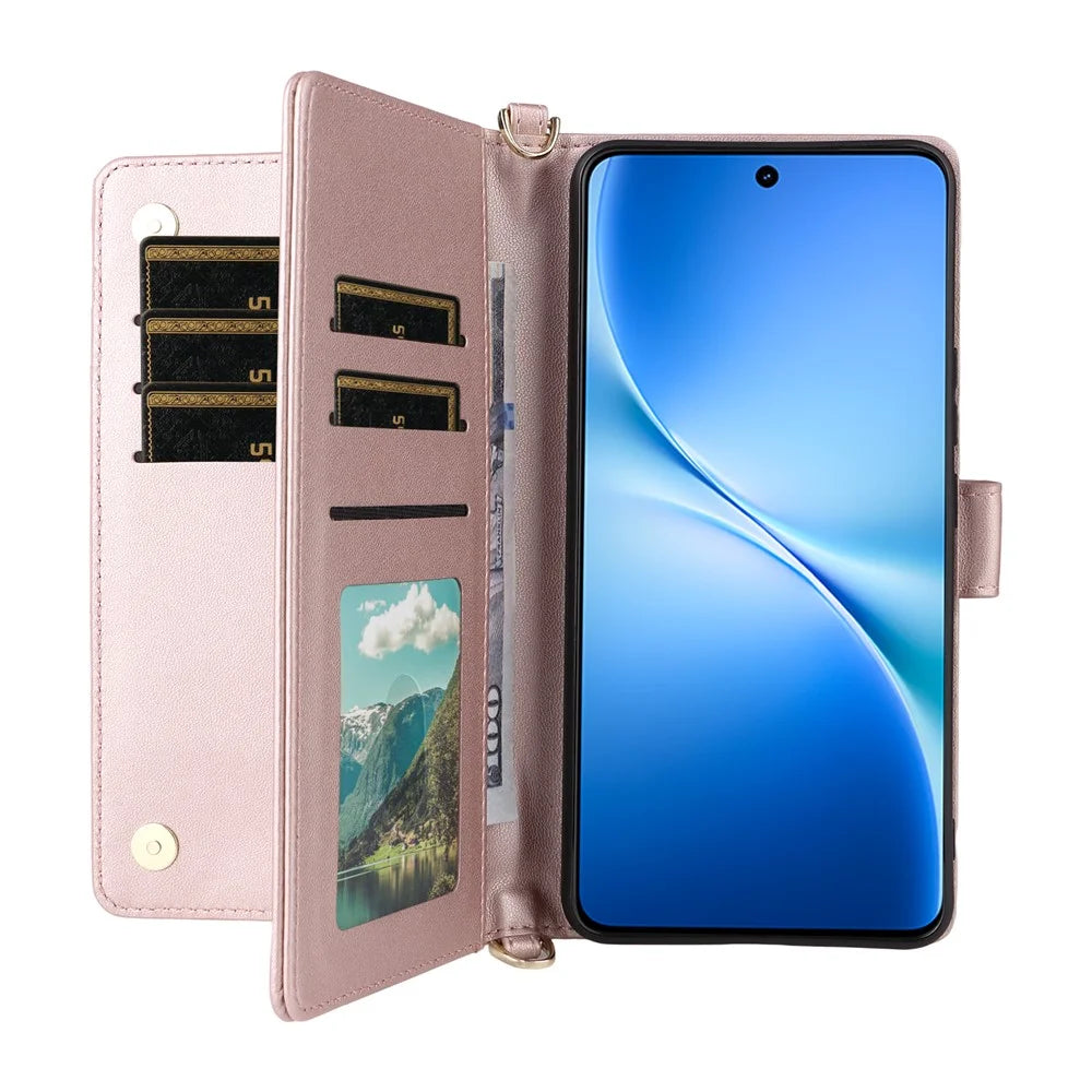 For vivo V60 Lite 4G  /  5G Case with Shoulder  /  Wrist Strap Leather Phone Cover Stand Wallet - Pink - 2