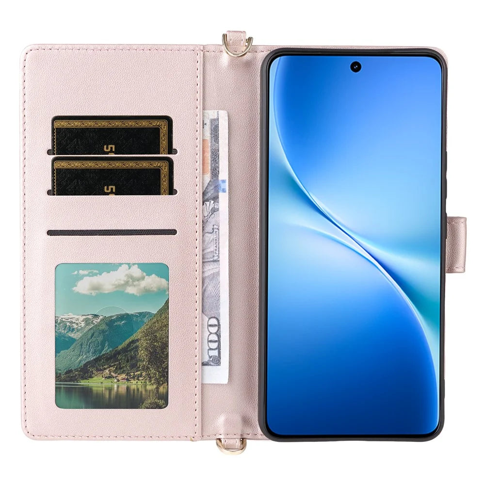 For vivo V60 Lite 4G  /  5G Case with Shoulder  /  Wrist Strap Leather Phone Cover Stand Wallet - Pink - 3