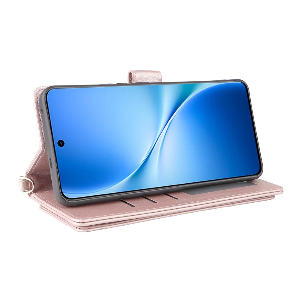 For vivo V60 Lite 4G  /  5G Case with Shoulder  /  Wrist Strap Leather Phone Cover Stand Wallet - Pink - 5