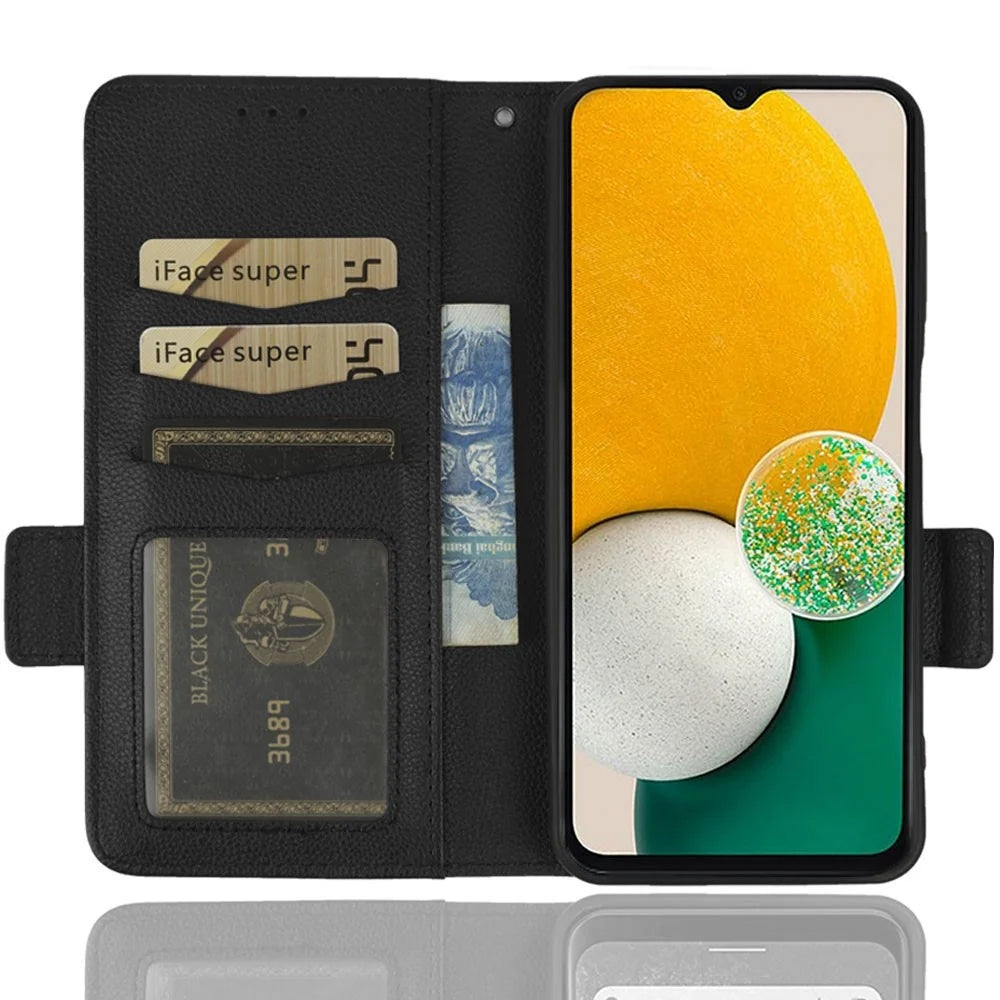 For Samsung Galaxy A14 5G / 4G Litchi Texture Phone Cover Shockproof PU Leather Magnetic Clasp Phone Case with Stand Wallet - Black - 2