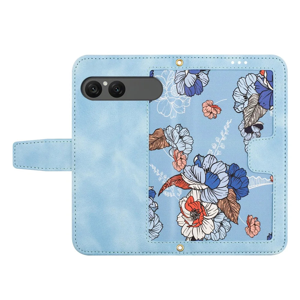 For Sony Xperia 10 VII Case PU Leather Floral Phone Cover with Card Slots - Baby Blue - 4