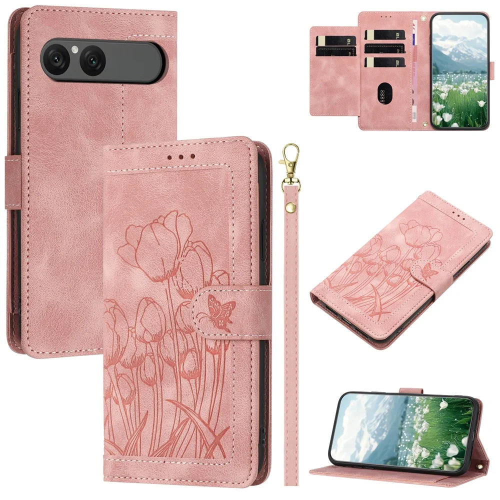 For Sony Xperia 10 VII Case Tulip Leather Phone Cover with 5 Card Slots Wallet - Pink - 1