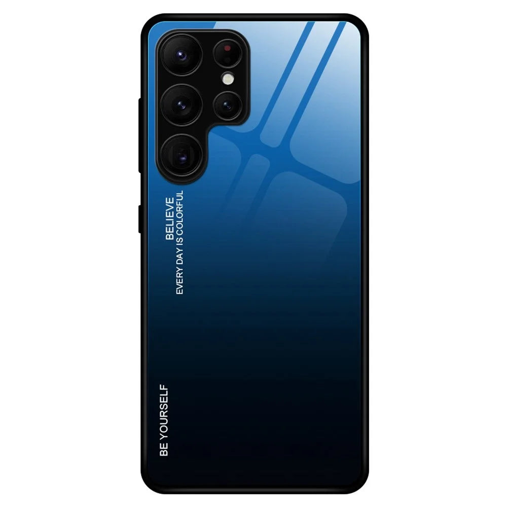 For Samsung Galaxy S23 Ultra Tempered Glass Phone Case Gradient Color Design Hard PC Soft TPU Fame Anti-Drop Cover - Blue  /  Black - 1