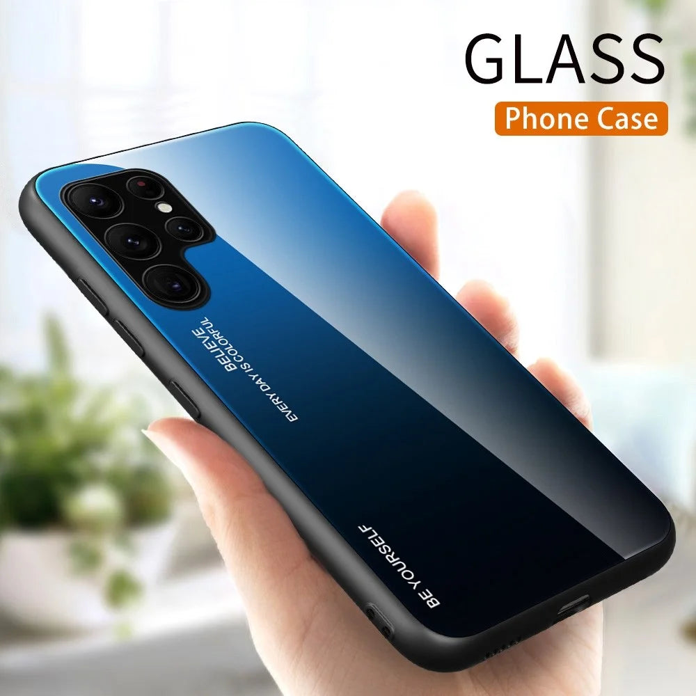 For Samsung Galaxy S23 Ultra Tempered Glass Phone Case Gradient Color Design Hard PC Soft TPU Fame Anti-Drop Cover - Blue  /  Black - 2
