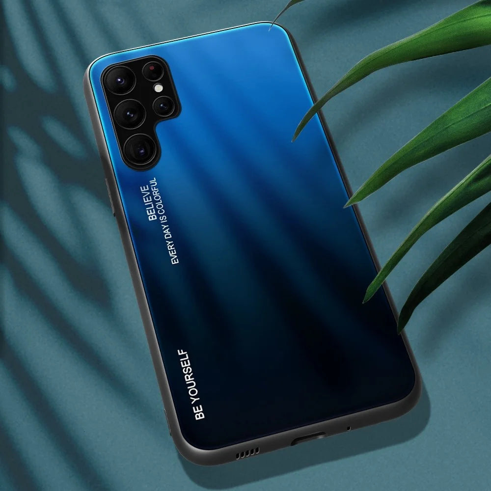 For Samsung Galaxy S23 Ultra Tempered Glass Phone Case Gradient Color Design Hard PC Soft TPU Fame Anti-Drop Cover - Blue  /  Black - 3