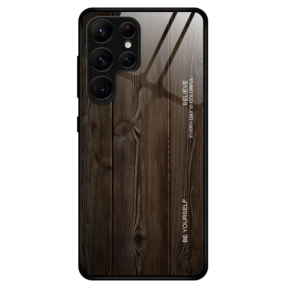 For Samsung Galaxy S23 Ultra Scratch Proof Wooden Pattern Tempered Glass Shell Phone Case TPU Frame Protective Cover - Black - 1