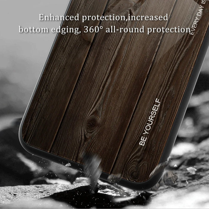 For Samsung Galaxy S23 Ultra Scratch Proof Wooden Pattern Tempered Glass Shell Phone Case TPU Frame Protective Cover - Black - 3