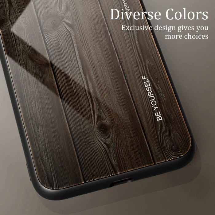 For Samsung Galaxy S23 Ultra Scratch Proof Wooden Pattern Tempered Glass Shell Phone Case TPU Frame Protective Cover - Black - 4